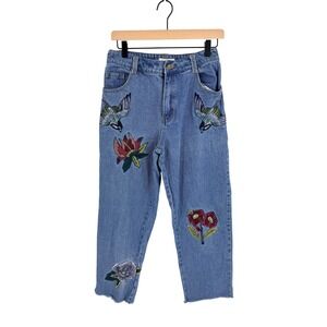 Honey Punch Embroidered Floral Bird Jeans Size M Boho Indie Whimsical Festival